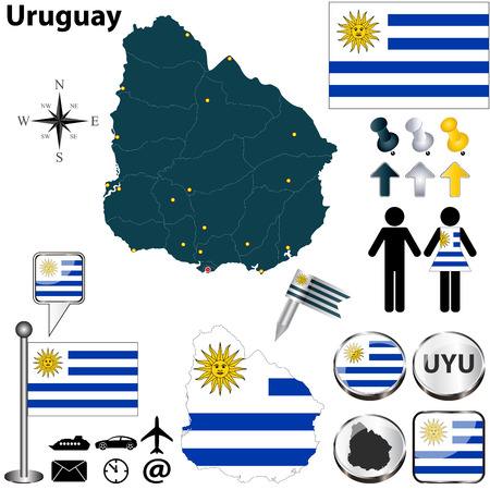 Vector of Uruguay set with detailed country shape with region borders, flags and iconsのイラスト素材