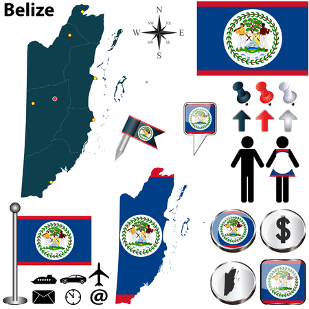 Vector of Belize set with detailed country shape with region borders, flags and iconsのイラスト素材