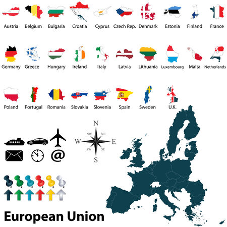 Vector of political map of European Union set with maps and flags on white backgroundのイラスト素材