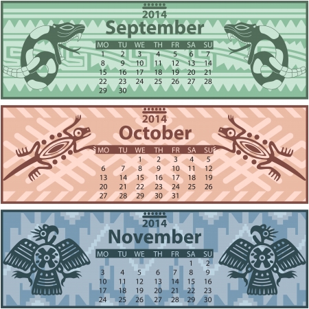 Vector of Autumn calendar 2014 with mayan ornamentsのイラスト素材