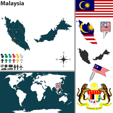 map of Malaysia with regions, coat of arms and location on world mapのイラスト素材