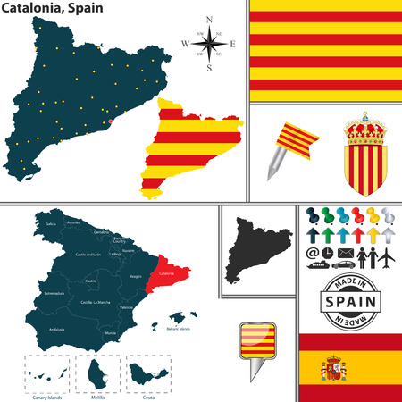 Vector map of region of Catalonia with coat of arms and location on Spanish mapのイラスト素材