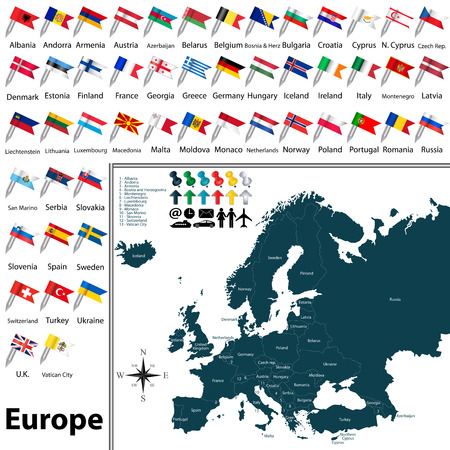 political map of Europe set with buttons flags on white backgroundのイラスト素材