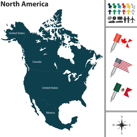 Vector map of North America with flags and location on world mapのイラスト素材