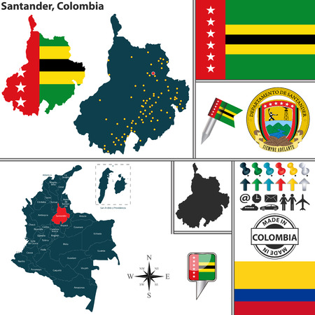 Vector map of region of Santander with coat of arms and location on Colombian map