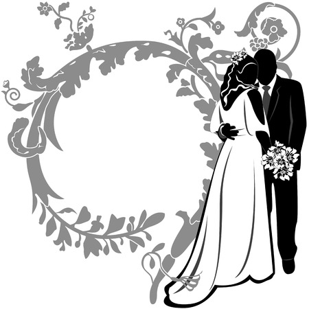 Vector of Wedding card invitation with bride groom and flowers on whiteのイラスト素材
