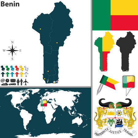 Vector map of Benin with regions, coat of arms and location on world mapのイラスト素材