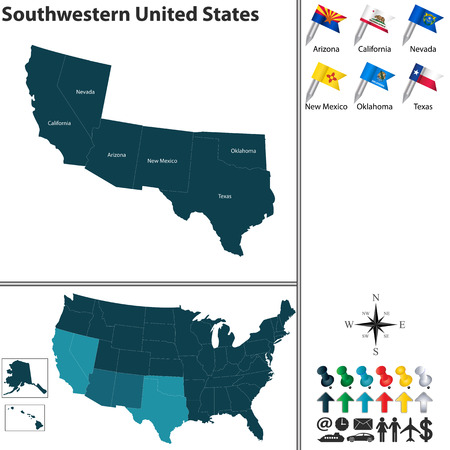 Vector set of Southwestern United States with flags and map on white backgroundのイラスト素材