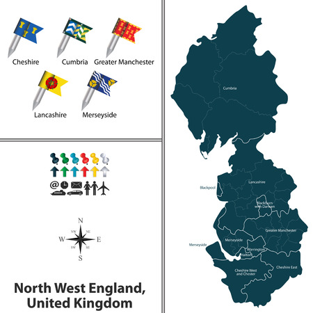 Vector map of North West England, United Kingdom with regions and flagsのイラスト素材