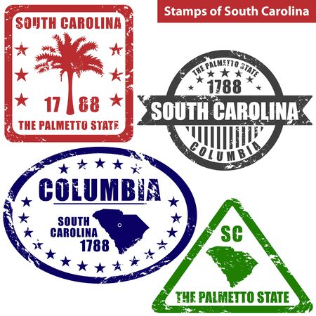Vector stamps of South Carolina state in United States with map and nickname - The Palmetto Stateのイラスト素材
