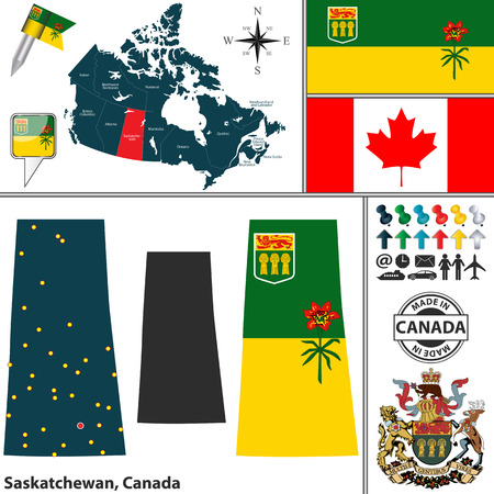 Vector map of state Saskatchewan with coat of arms and location on Canadian mapのイラスト素材