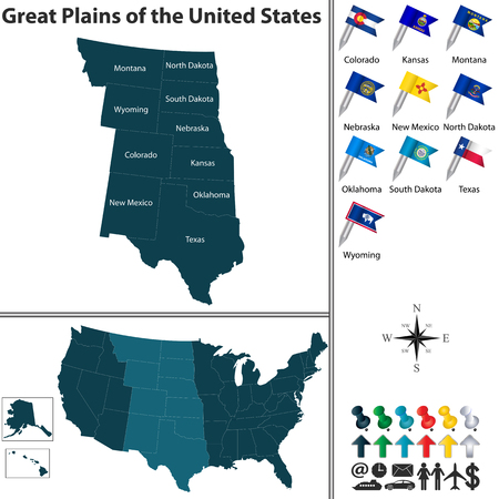 Vector set of Great Plains of the United States with flags and map on white backgroundのイラスト素材