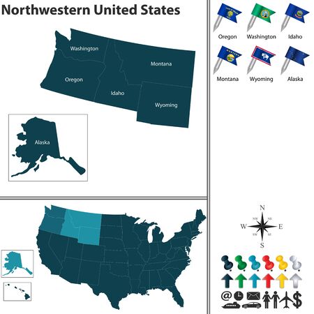 Vector set of Northwestern of United States with flags and map on white backgroundのイラスト素材