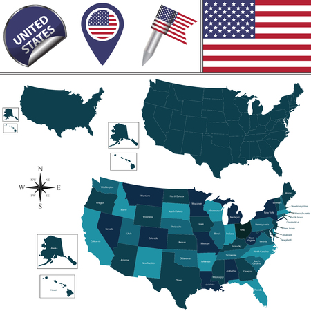 Vector map of United States with named divisions and travel iconsのイラスト素材