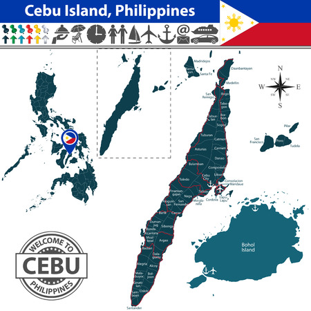 Cebu island, Philippines. Map contains Bohol island, roads and travel iconsのイラスト素材