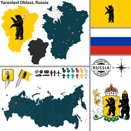 map of Yaroslavl Oblast with coat of arms and location on Russian mapのイラスト素材