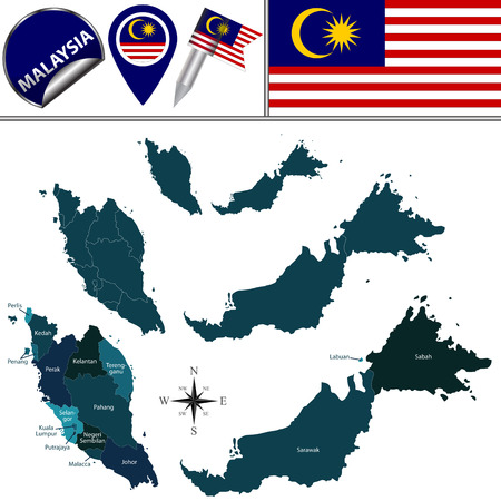 map of Malaysia with named governorates and travel iconsのイラスト素材