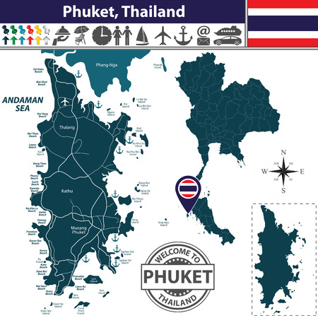 Vector of Phuket Province, Thailand. Map contains Phang-Nga island, roads and beaches iconsのイラスト素材