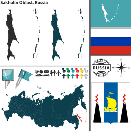 Vector map of Sakhalin Oblast with coat of arms and location on Russian mapのイラスト素材