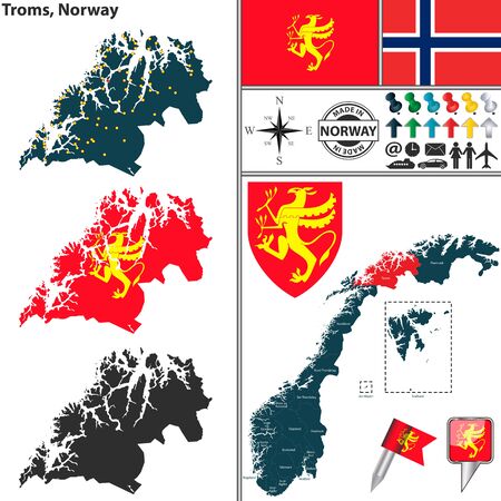 Vector map of county Troms with coat of arms and location on Norwegian mapのイラスト素材