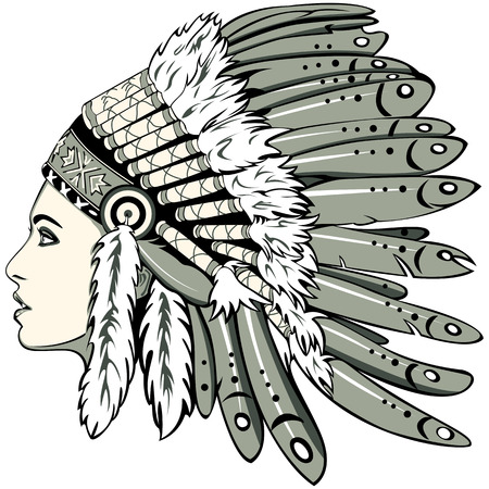 Vector of beautiful girl with traditional chief headdress of American Indian. Boho style.のイラスト素材