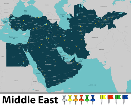 Vector map of Middle East with countries, big cities and iconsのイラスト素材