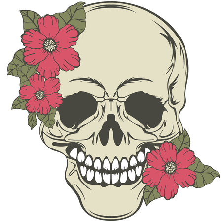 Vector of human skull with red flowers in retro styleのイラスト素材