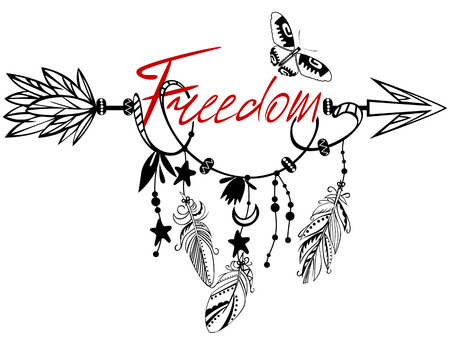 Vector of hand drawn wooden arrow with feathers, floral ornaments and word Freedomのイラスト素材