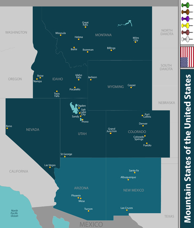 Set of Mountain States of the United States with neighboring states.のイラスト素材