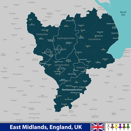 Vector map of East Midlands, United Kingdom with neighboring regionsのイラスト素材