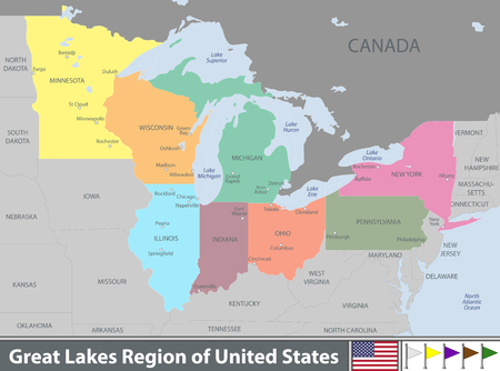 Vector set of Great Lakes region of United States with neighboring states