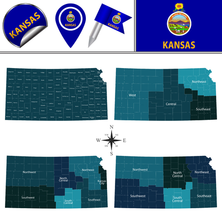 Map of Kansas with named regions and travel vector icons.のイラスト素材