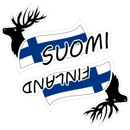 Vector illustrations of stickers of lettering word Finland or Suomi (Finnish language) with deerのイラスト素材