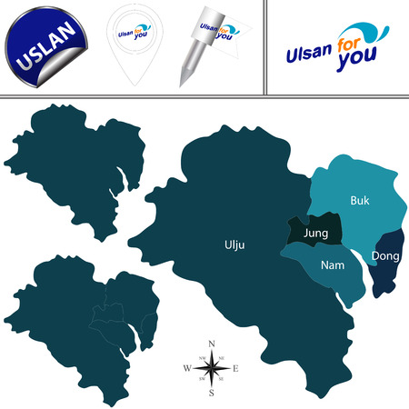 Vector map of Ulsan in South Korea with named districts and travel iconsのイラスト素材