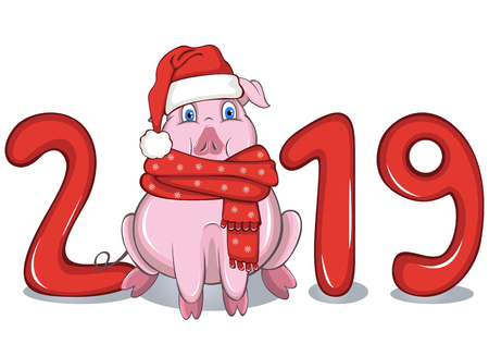 Vector of cartoon pig in warm scarf and Santa hat among of the text of 2019のイラスト素材