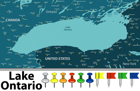 Vector map of Lake Ontario with countries, big cities and iconsのイラスト素材