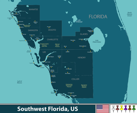 Vector set of Southwest Florida region, United States with neighboring countiesのイラスト素材