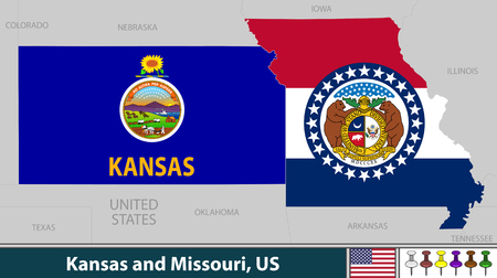 Vector of Kansas and Missouri states in Midwestern region of United States with their flags inside bordersのイラスト素材
