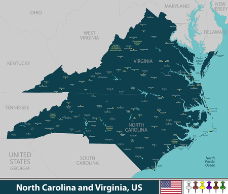Vector of North Carolina and Virginia states in East Coast region of United States with big citiesのイラスト素材