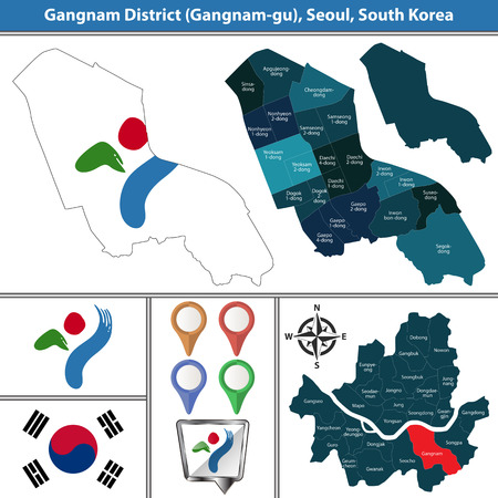 Vector map of Gangnam District or Gu of Seoul metropolitan city in South Korea with flags and iconsのイラスト素材
