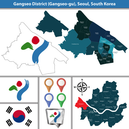 Vector map of Gangseo District or Gu of Seoul metropolitan city in South Korea with flags and iconsのイラスト素材