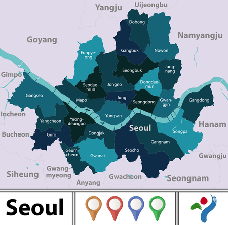 Vector map of Seoul in South Korea with districts, Hangang river, neighbouring cities and iconsのイラスト素材