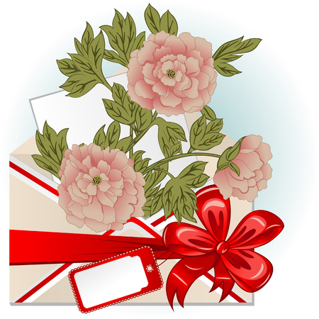 Vector of envelope with peonies, big red bow and greeting cardのイラスト素材