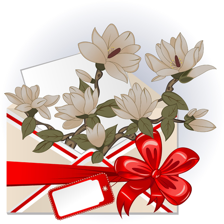 Vector of envelope with magnolias, big red bow and greeting cardのイラスト素材