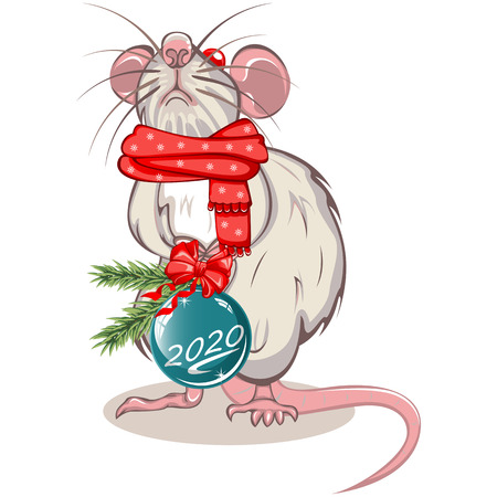 Vector of cartoon white rat in warm scarf with Christmas ball in pawsのイラスト素材