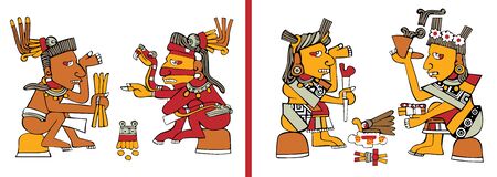 Vector set of ancient American ornaments with people on whiteのイラスト素材