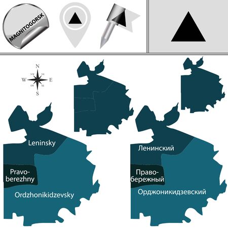 Vector map of Magnitogorsk, Russia with named districts. There is variation of map where districts are signed in original russian languageのイラスト素材