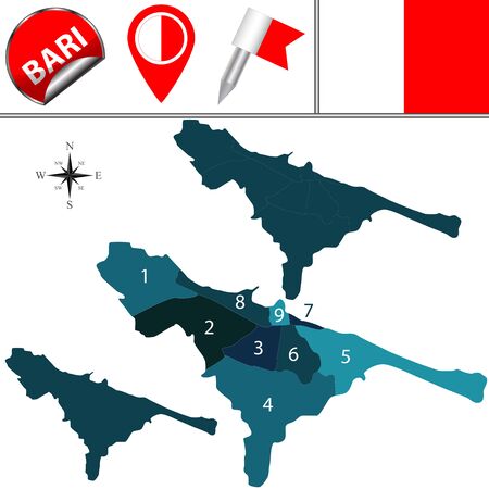 Vector map of Bari, Italy with named subdivisions and travel iconsのイラスト素材