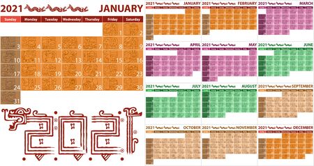 Calendar 2021 in Aztec style with ancient glyphs. Vector imageのイラスト素材