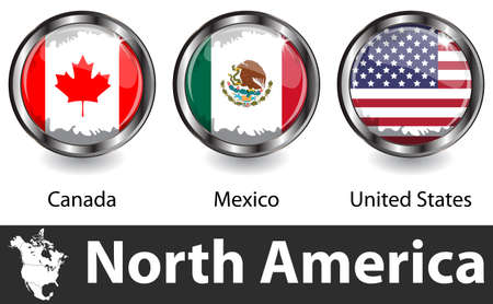Flags of North America countries in glossy badges. Vector imageのイラスト素材